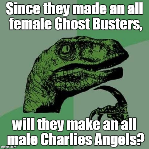 Philosoraptor Meme |  Since they made an all female Ghost Busters, will they make an all male Charlies Angels? | image tagged in memes,philosoraptor | made w/ Imgflip meme maker