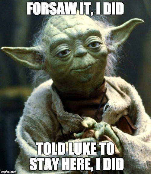 Star Wars Yoda Meme | FORSAW IT, I DID TOLD LUKE TO STAY HERE, I DID | image tagged in memes,star wars yoda | made w/ Imgflip meme maker