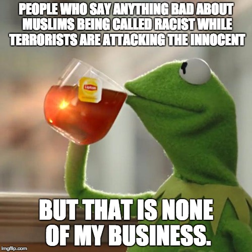 But That's None Of My Business | PEOPLE WHO SAY ANYTHING BAD ABOUT MUSLIMS BEING CALLED RACIST WHILE TERRORISTS ARE ATTACKING THE INNOCENT; BUT THAT IS NONE OF MY BUSINESS. | image tagged in memes,but thats none of my business,kermit the frog | made w/ Imgflip meme maker