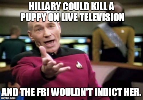 Picard Wtf | HILLARY COULD KILL A PUPPY ON LIVE TELEVISION; AND THE FBI WOULDN'T INDICT HER. | image tagged in memes,picard wtf | made w/ Imgflip meme maker