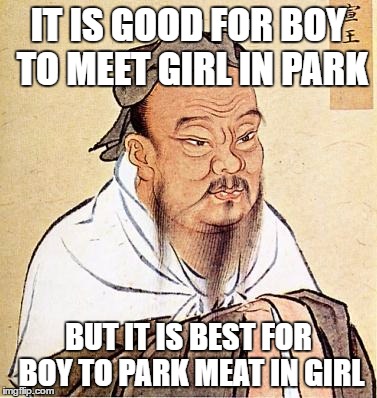 Confucious say | IT IS GOOD FOR BOY TO MEET GIRL IN PARK; BUT IT IS BEST FOR BOY TO PARK MEAT IN GIRL | image tagged in confucious say | made w/ Imgflip meme maker