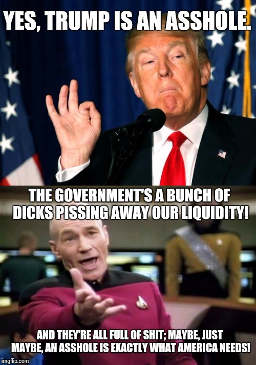 Like him or hate him, he *IS* an asshole | YES, TRUMP IS AN ASSHOLE. THE GOVERNMENT'S A BUNCH OF DICKS PISSING AWAY OUR LIQUIDITY! AND THEY'RE ALL FULL OF SHIT; MAYBE, JUST MAYBE, AN ASSHOLE IS EXACTLY WHAT AMERICA NEEDS! | image tagged in memes,donald trump,picard wtf,politics,nsfw | made w/ Imgflip meme maker