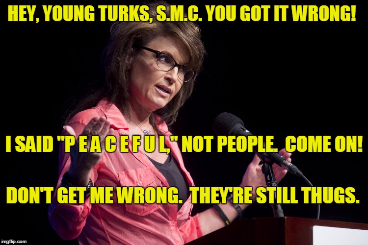 Come On (Update) | HEY, YOUNG TURKS, S.M.C. YOU GOT IT WRONG! I SAID "P E A C E F U L," NOT PEOPLE.  COME ON! DON'T GET ME WRONG.  THEY'RE STILL THUGS. | image tagged in sarah palin rise up,blacklivesmatter,racism,politics,sarah palin,thugs | made w/ Imgflip meme maker
