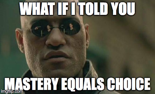 Matrix Morpheus Meme | WHAT IF I TOLD YOU; MASTERY EQUALS CHOICE | image tagged in memes,matrix morpheus | made w/ Imgflip meme maker