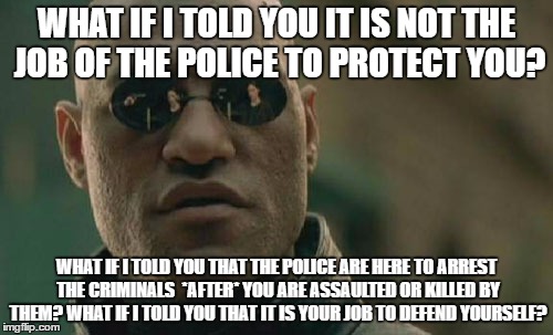 Matrix Morpheus | WHAT IF I TOLD YOU IT IS NOT THE JOB OF THE POLICE TO PROTECT YOU? WHAT IF I TOLD YOU THAT THE POLICE ARE HERE TO ARREST THE CRIMINALS  *AFTER* YOU ARE ASSAULTED OR KILLED BY THEM? WHAT IF I TOLD YOU THAT IT IS YOUR JOB TO DEFEND YOURSELF? | image tagged in memes,matrix morpheus | made w/ Imgflip meme maker