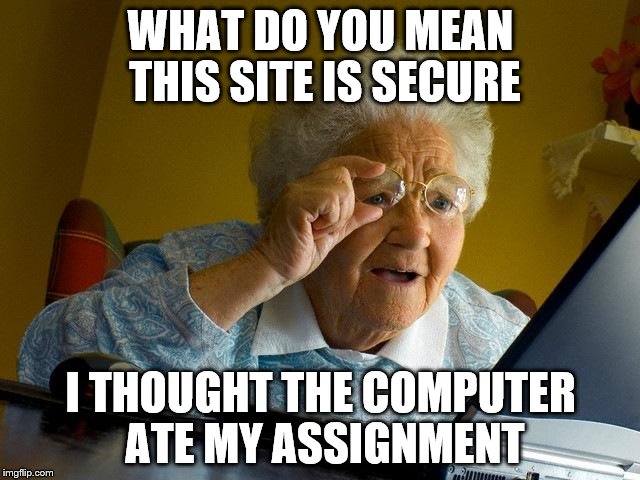 Grandma Finds The Internet Meme | WHAT DO YOU MEAN THIS SITE IS SECURE; I THOUGHT THE COMPUTER ATE MY ASSIGNMENT | image tagged in memes,grandma finds the internet | made w/ Imgflip meme maker