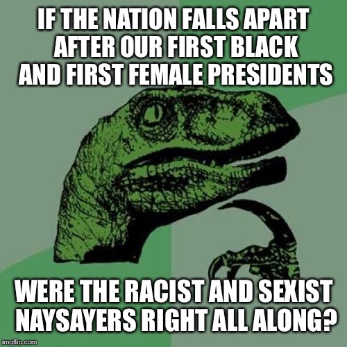 Philosoraptor Meme | IF THE NATION FALLS APART AFTER OUR FIRST BLACK AND FIRST FEMALE PRESIDENTS WERE THE RACIST AND SEXIST NAYSAYERS RIGHT ALL ALONG? | image tagged in memes,philosoraptor | made w/ Imgflip meme maker