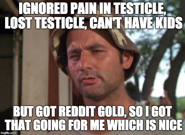 So I Got That Goin For Me Which Is Nice Meme | IGNORED PAIN IN TESTICLE, LOST TESTICLE, CAN'T HAVE KIDS; BUT GOT REDDIT GOLD, SO I GOT THAT GOING FOR ME WHICH IS NICE | image tagged in memes,so i got that goin for me which is nice,AdviceAnimals | made w/ Imgflip meme maker