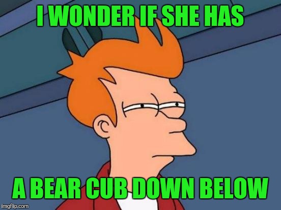 Futurama Fry Meme | I WONDER IF SHE HAS A BEAR CUB DOWN BELOW | image tagged in memes,futurama fry | made w/ Imgflip meme maker