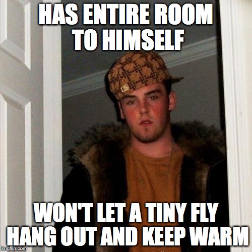 Scumbag Steve Meme | HAS ENTIRE ROOM TO HIMSELF; WON'T LET A TINY FLY HANG OUT AND KEEP WARM | image tagged in memes,scumbag steve | made w/ Imgflip meme maker