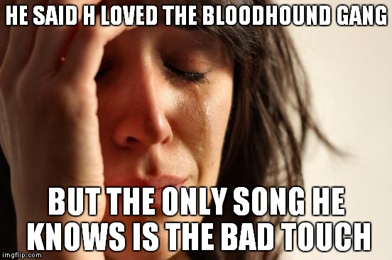 First World Problems | HE SAID H LOVED THE BLOODHOUND GANG; BUT THE ONLY SONG HE KNOWS IS THE BAD TOUCH | image tagged in memes,first world problems | made w/ Imgflip meme maker