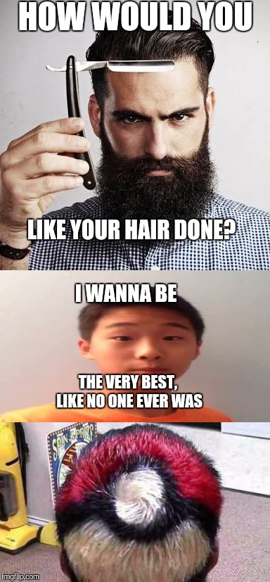 pokemon haircut,  you know you want it.  | HOW WOULD YOU; LIKE YOUR HAIR DONE? I WANNA BE; THE VERY BEST,  LIKE NO ONE EVER WAS | image tagged in barber | made w/ Imgflip meme maker