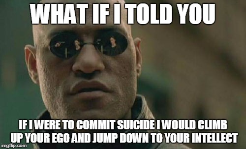 Matrix Morpheus Meme | WHAT IF I TOLD YOU; IF I WERE TO COMMIT SUICIDE I WOULD CLIMB UP YOUR EGO AND JUMP DOWN TO YOUR INTELLECT | image tagged in memes,matrix morpheus | made w/ Imgflip meme maker