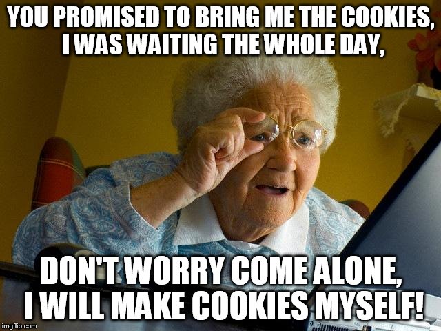 Grandma Finds The Internet | YOU PROMISED TO BRING ME THE COOKIES, I WAS WAITING THE WHOLE DAY, DON'T WORRY COME ALONE, I WILL MAKE COOKIES MYSELF! | image tagged in memes,grandma finds the internet | made w/ Imgflip meme maker