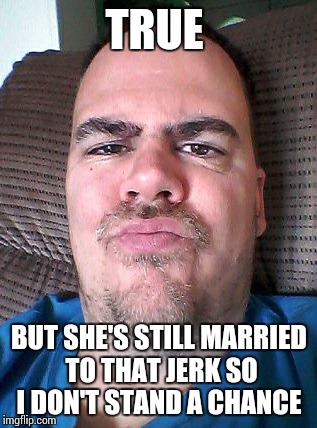 Scowl | TRUE BUT SHE'S STILL MARRIED TO THAT JERK SO I DON'T STAND A CHANCE | image tagged in scowl | made w/ Imgflip meme maker