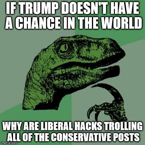 I'm tired of Trolls on Facebook... | IF TRUMP DOESN'T HAVE A CHANCE IN THE WORLD; WHY ARE LIBERAL HACKS TROLLING ALL OF THE CONSERVATIVE POSTS | image tagged in memes,philosoraptor,trump 2016,donald trump,trolling,trump troll | made w/ Imgflip meme maker