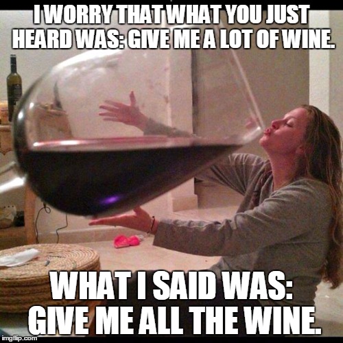 Wine Drinker | I WORRY THAT WHAT YOU JUST HEARD WAS: GIVE ME A LOT OF WINE. WHAT I SAID WAS: GIVE ME ALL THE WINE. | image tagged in wine drinker | made w/ Imgflip meme maker