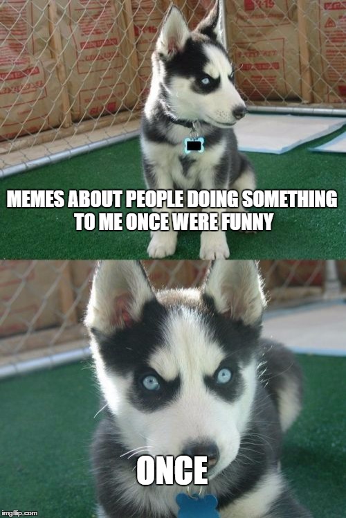 Insanity Puppy Says You Should Make Memes About Him With More Variety | MEMES ABOUT PEOPLE DOING SOMETHING TO ME ONCE WERE FUNNY; ONCE | image tagged in memes,insanity puppy | made w/ Imgflip meme maker