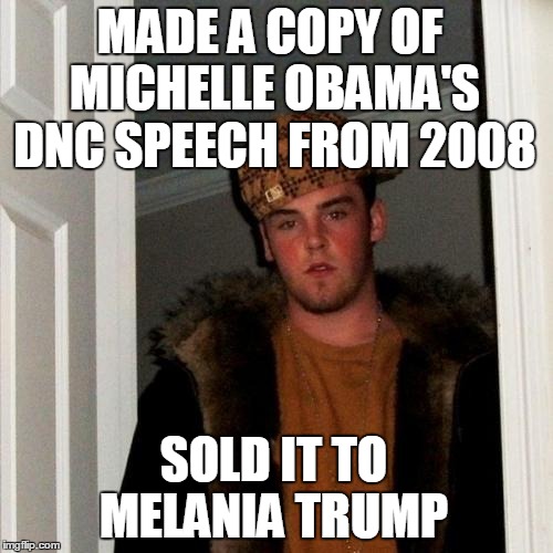 When someone pays you both ears and a tail | MADE A COPY OF MICHELLE OBAMA'S DNC SPEECH FROM 2008; SOLD IT TO MELANIA TRUMP | image tagged in memes,scumbag steve | made w/ Imgflip meme maker