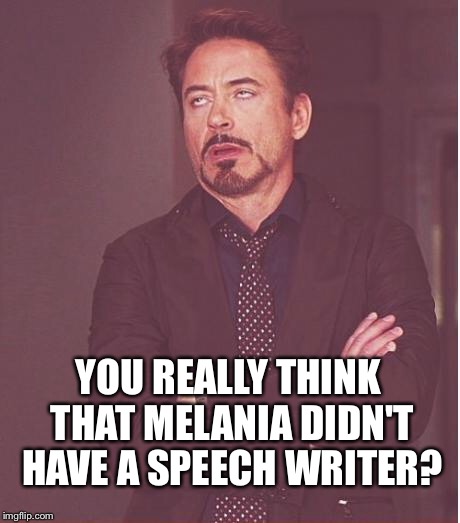 Face You Make Robert Downey Jr Meme | YOU REALLY THINK THAT MELANIA DIDN'T HAVE A SPEECH WRITER? | image tagged in memes,face you make robert downey jr | made w/ Imgflip meme maker