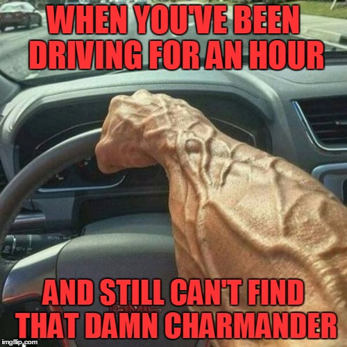 Muscle Arm Driver | WHEN YOU'VE BEEN DRIVING FOR AN HOUR; AND STILL CAN'T FIND THAT DAMN CHARMANDER | image tagged in muscle arm driver | made w/ Imgflip meme maker
