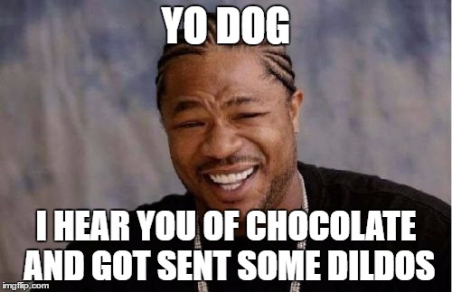 Yo Dawg Heard You Meme | YO DOG; I HEAR YOU OF CHOCOLATE AND GOT SENT SOME DILDOS | image tagged in memes,yo dawg heard you | made w/ Imgflip meme maker