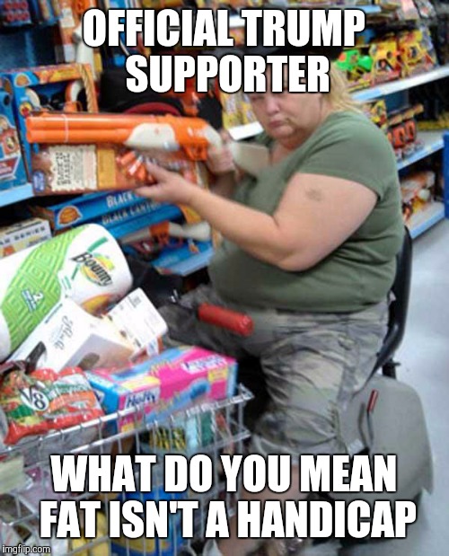meanwhile in walmart... | OFFICIAL TRUMP SUPPORTER; WHAT DO YOU MEAN FAT ISN'T A HANDICAP | image tagged in meanwhile in walmart | made w/ Imgflip meme maker