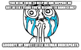 I Will Miss You | YOU WERE THERE TO HELP ME AND SUPPORT ME BUT AFTER 7 YEARS YOU'VE BECAME TO DAMN CLINGY; GOODBYE MY SWEET LITTLE BATMAN UNDERPANTS | image tagged in memes,crying because of cute | made w/ Imgflip meme maker