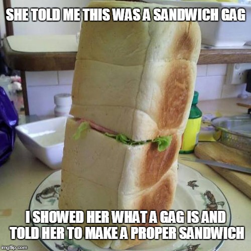 Sandwich gag | SHE TOLD ME THIS WAS A SANDWICH GAG I SHOWED HER WHAT A GAG IS AND TOLD HER TO MAKE A PROPER SANDWICH | image tagged in sandwich gag | made w/ Imgflip meme maker