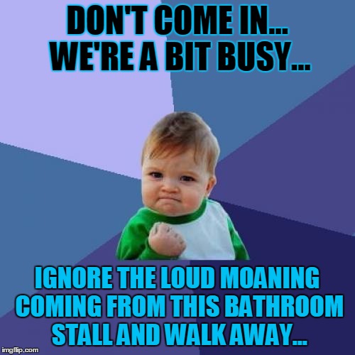 Success Kid Meme | DON'T COME IN... WE'RE A BIT BUSY... IGNORE THE LOUD MOANING COMING FROM THIS BATHROOM STALL AND WALK AWAY... | image tagged in memes,success kid | made w/ Imgflip meme maker