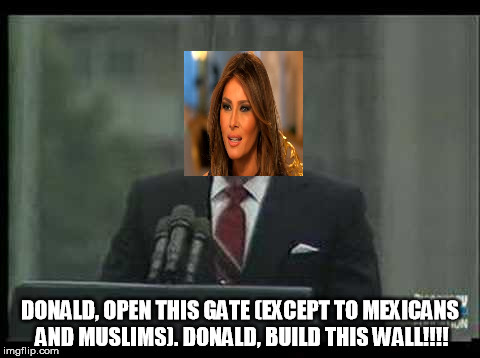 DONALD, OPEN THIS GATE (EXCEPT TO MEXICANS AND MUSLIMS). DONALD, BUILD THIS WALL!!!! | image tagged in melania trump,donald trump,rnc convention,rnc,freedom,trump wall | made w/ Imgflip meme maker