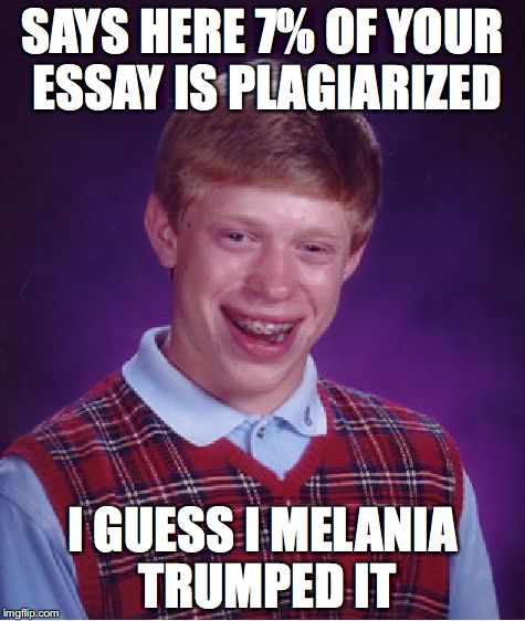 Bad Luck Brian | SAYS HERE 7% OF YOUR ESSAY IS PLAGIARIZED; I GUESS I MELANIA TRUMPED IT | image tagged in memes,bad luck brian | made w/ Imgflip meme maker