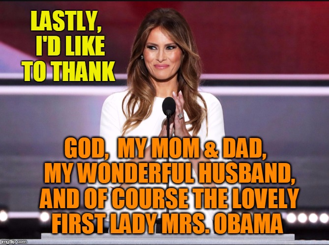 I couldn't have done this without ANY of you!  *Wink | LASTLY,  I'D LIKE TO THANK; GOD,  MY MOM & DAD,  MY WONDERFUL HUSBAND,  AND OF COURSE THE LOVELY FIRST LADY MRS. OBAMA | image tagged in melania trump meme | made w/ Imgflip meme maker