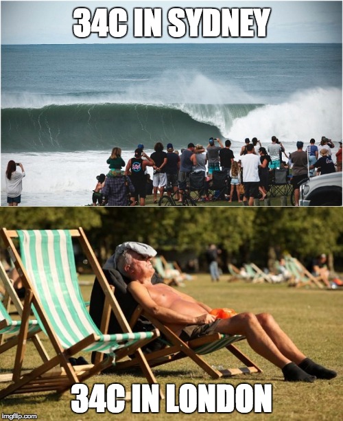 UK heatwave | 34C IN SYDNEY; 34C IN LONDON | made w/ Imgflip meme maker