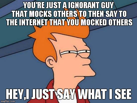 Futurama Fry Meme | YOU'RE JUST A IGNORANT GUY THAT MOCKS OTHERS TO THEN SAY TO THE INTERNET THAT YOU MOCKED OTHERS HEY,I JUST SAY WHAT I SEE | image tagged in memes,futurama fry | made w/ Imgflip meme maker