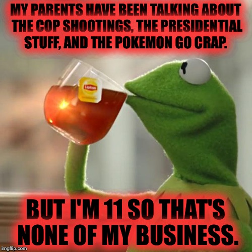But That's None Of My Business | MY PARENTS HAVE BEEN TALKING ABOUT THE COP SHOOTINGS, THE PRESIDENTIAL STUFF, AND THE POKEMON GO CRAP. BUT I'M 11 SO THAT'S NONE OF MY BUSINESS. | image tagged in memes,but thats none of my business,kermit the frog | made w/ Imgflip meme maker