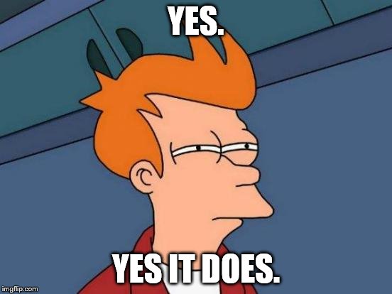 Futurama Fry Meme | YES. YES IT DOES. | image tagged in memes,futurama fry | made w/ Imgflip meme maker