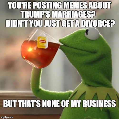 But That's None Of My Business | YOU'RE POSTING MEMES ABOUT TRUMP'S MARRIAGES?
   DIDN'T YOU JUST GET A DIVORCE? BUT THAT'S NONE OF MY BUSINESS | image tagged in memes,but thats none of my business,kermit the frog | made w/ Imgflip meme maker