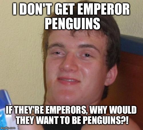 Riddle of the ages | I DON'T GET EMPEROR PENGUINS; IF THEY'RE EMPERORS, WHY WOULD THEY WANT TO BE PENGUINS?! | image tagged in memes,10 guy,penguin,emperor,question | made w/ Imgflip meme maker