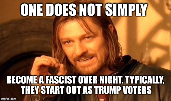 One Does Not Simply Meme | ONE DOES NOT SIMPLY; BECOME A FASCIST OVER NIGHT. TYPICALLY, THEY START OUT AS TRUMP VOTERS | image tagged in memes,one does not simply | made w/ Imgflip meme maker