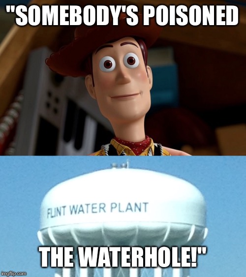 Woody weighs in on the Flint water crisis. | "SOMEBODY'S POISONED; THE WATERHOLE!" | image tagged in so true memes | made w/ Imgflip meme maker