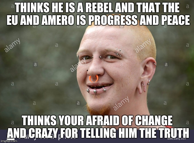 THINKS HE IS A REBEL AND THAT THE EU AND AMERO IS PROGRESS AND PEACE; THINKS YOUR AFRAID OF CHANGE AND CRAZY FOR TELLING HIM THE TRUTH | image tagged in globalist | made w/ Imgflip meme maker