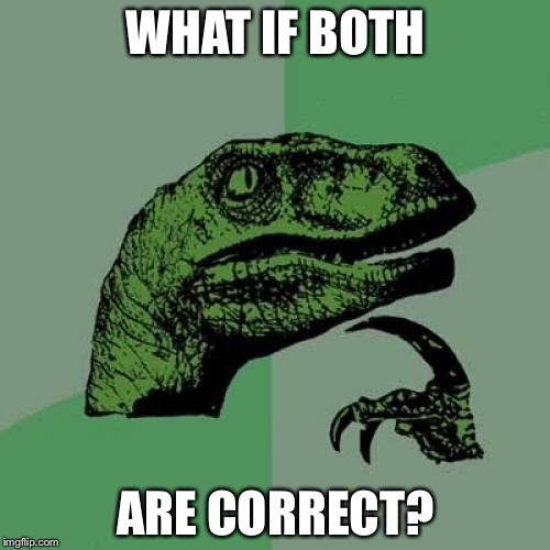 Philosoraptor Meme | WHAT IF BOTH ARE CORRECT? | image tagged in memes,philosoraptor | made w/ Imgflip meme maker