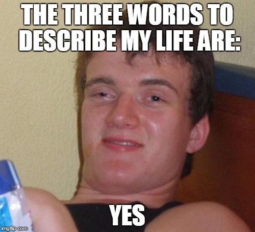 10 Guy Meme | THE THREE WORDS TO DESCRIBE MY LIFE ARE: YES | image tagged in memes,10 guy | made w/ Imgflip meme maker