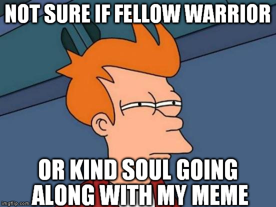 Futurama Fry Meme | NOT SURE IF FELLOW WARRIOR OR KIND SOUL GOING ALONG WITH MY MEME | image tagged in memes,futurama fry | made w/ Imgflip meme maker