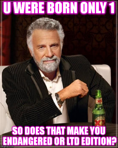 The Most Interesting Man In The World | U WERE BORN ONLY 1; SO DOES THAT MAKE YOU ENDANGERED OR LTD EDITION? | image tagged in memes,the most interesting man in the world | made w/ Imgflip meme maker