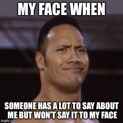 MY FACE WHEN; SOMEONE HAS A LOT TO SAY ABOUT ME BUT WON'T SAY IT TO MY FACE | image tagged in the rock,bitch please | made w/ Imgflip meme maker