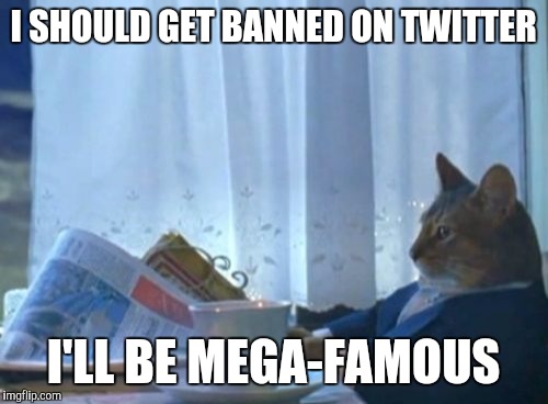 I Should Buy A Boat Cat | I SHOULD GET BANNED ON TWITTER; I'LL BE MEGA-FAMOUS | image tagged in memes,i should buy a boat cat | made w/ Imgflip meme maker