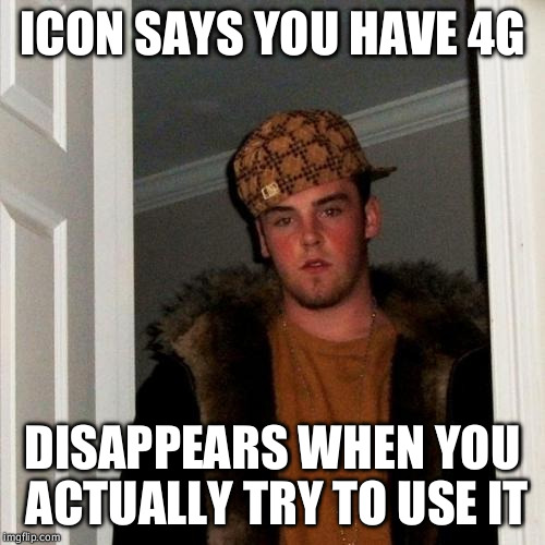 Scumbag Steve | ICON SAYS YOU HAVE 4G; DISAPPEARS WHEN YOU ACTUALLY TRY TO USE IT | image tagged in memes,scumbag steve | made w/ Imgflip meme maker