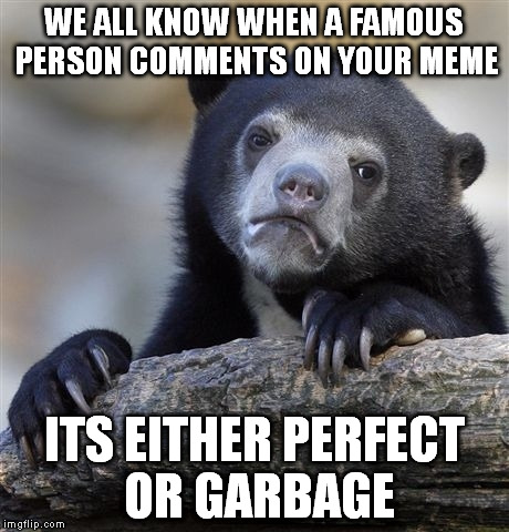 Had this happen actually.. | WE ALL KNOW WHEN A FAMOUS PERSON COMMENTS ON YOUR MEME; ITS EITHER PERFECT OR GARBAGE | image tagged in memes,confession bear | made w/ Imgflip meme maker